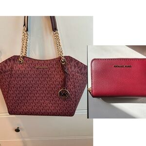 Michael Kors Burgundy Tote and Wallet Set